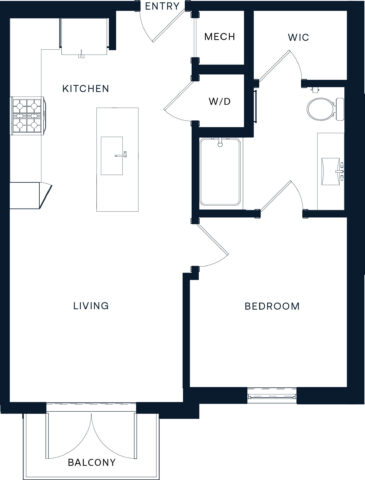 Simple floor plan of a one-bedroom apartment with kitchen, living area, bedroom, walk-in closet, bathroom, washer/dryer, mechanical room, and balcony. Entry door leads to kitchen and living space.
