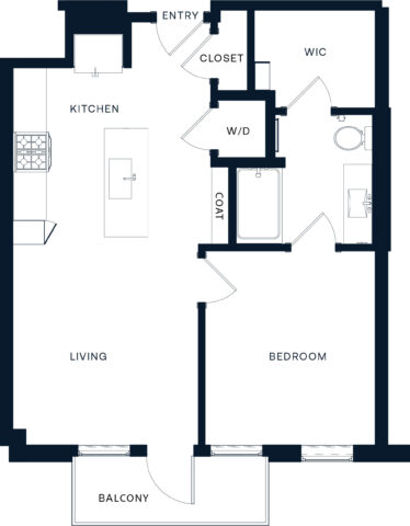 Black and white floor plan of an apartment with entry, closet, kitchen, living room, balcony, coat closet, washer/dryer, bathroom, walk-in closet, and bedroom. Doors and windows are clearly marked.