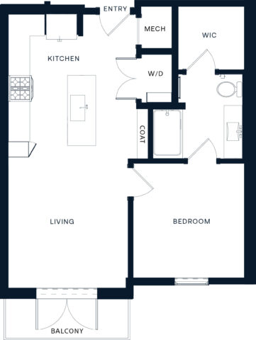 Black and white floor plan of a one-bedroom apartment with kitchen, living room, balcony, bedroom, walk-in closet, bathroom, washer/dryer, mechanical room, and entryway with coat closet.