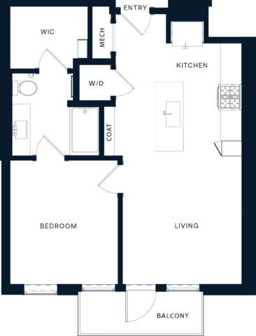Floor plan of a one-bedroom apartment showing entry, kitchen, living area, bedroom, bathroom, walk-in closet, washer/dryer, coat closet, and a balcony. The bathroom connects to both the bedroom and hallway.