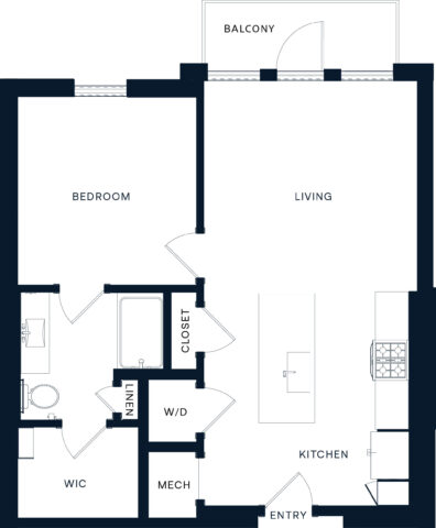 One-bedroom apartment floor plan showing a bedroom, bathroom, walk-in closet, linen closet, washer/dryer, mechanical room, kitchen with island, living area, entry, and balcony.