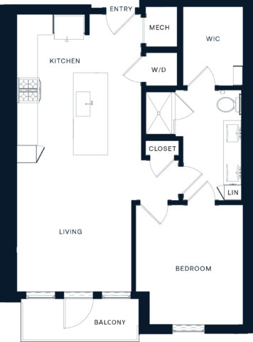Floor plan of a one-bedroom apartment featuring an entry, kitchen with island, living area, balcony, bedroom, walk-in closet, washer/dryer, bathroom, linen closet, and mechanical room.