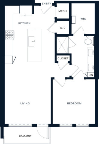 1-bedroom apartment floor plan with kitchen, living area, balcony, bedroom, walk-in closet, bathroom, washer/dryer, mechanical room, and entry. Open layout connects kitchen and living area; balcony access from living room.