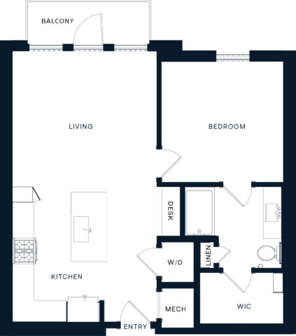 Black and white floor plan of a one-bedroom apartment featuring a kitchen, living area, balcony, bedroom, bathroom, walk-in closet, desk area, washer/dryer, linen closet, and mechanical room.