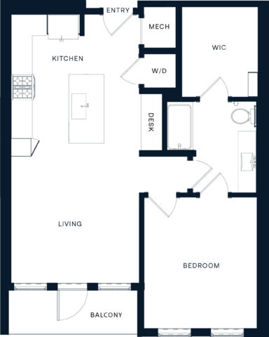 Black and white floor plan of a one-bedroom apartment featuring a kitchen, living area with balcony access, bedroom, walk-in closet, bathroom, washer/dryer, mechanical room, and a small desk area near the entry.