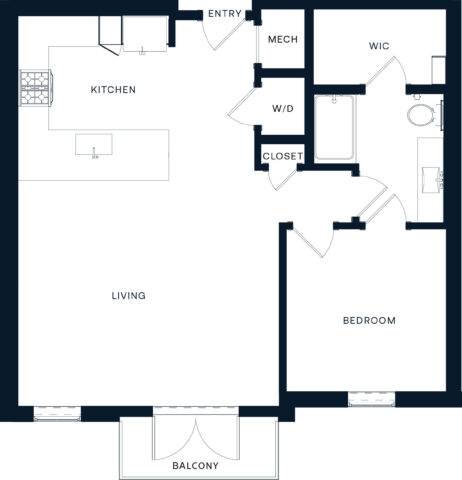 Floor plan of a one-bedroom apartment with a kitchen, living area, bedroom, walk-in closet, bathroom, washer/dryer, balcony, and entryway. Storage and mechanical room are also included.