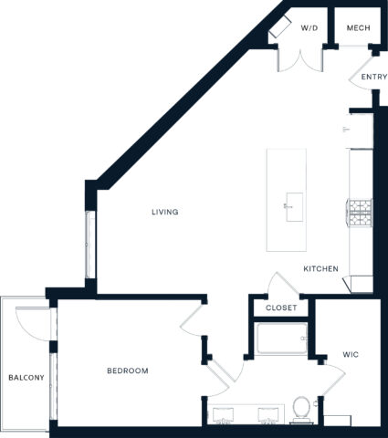 A floor plan of a one-bedroom apartment featuring a bedroom with walk-in closet, bathroom, kitchen with island, living area, balcony, closet, washer/dryer, mechanical room, and entryway.