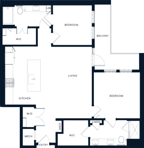 Floor plan of a two-bedroom apartment with two bathrooms, a walk-in closet in each bedroom, a living room, kitchen with an island, laundry area, mechanical room, closet, linen closet, and a balcony.