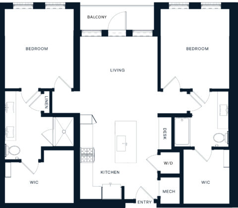 Floor plan showing two bedrooms, each with a walk-in closet and bathroom, a central living area with access to a balcony, a kitchen with an island, a desk area, laundry (W/D), and entry, linen, and mechanical closets.