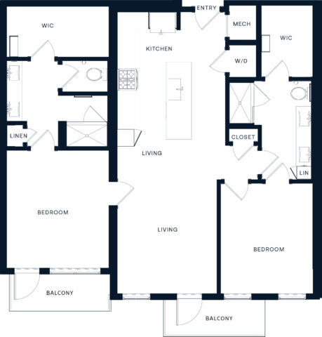 Floor plan of a two-bedroom apartment with two balconies, two bathrooms, kitchen, living area, two walk-in closets, laundry area, mechanical room, linen closets, and entryway.