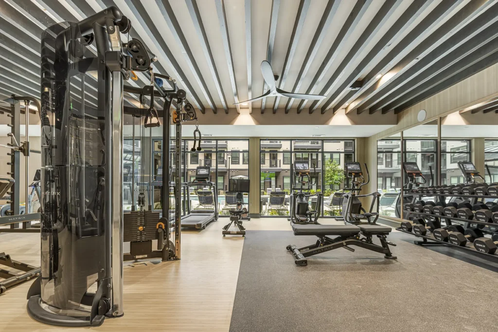 A modern gym with large windows, cardio machines like treadmills and bikes, strength training equipment, weights, and natural light streaming in. The space features light wood floors and exposed ceiling beams.