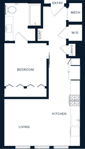 Black and white floor plan of a one-bedroom apartment with labeled areas: entry, mech, W/D, closet, kitchen, living, bedroom, coat closet, bathroom with sink, toilet, and bathtub.