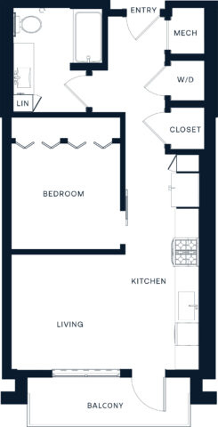 Floor plan of a one-bedroom apartment with entry, mechanical room, washer/dryer, closet, bathroom, bedroom, kitchen, living area, linen closet, and a balcony at the far end.