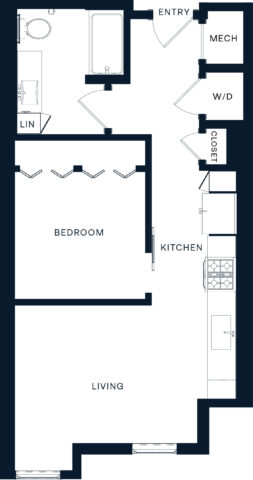 Black and white floor plan of a one-bedroom apartment featuring an entry, mechanical room, washer/dryer, closet, kitchen, living area, bathroom, linen closet, and bedroom.