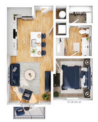 Furnished apartment floor plan with one bedroom, open living room and kitchen, bathroom, walk-in closet, and a small balcony. Light wood floors and modern decor throughout.