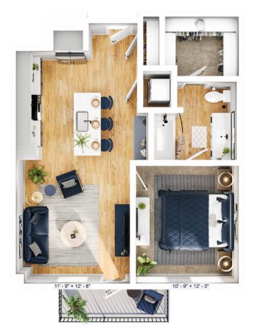 Bright, modern 1-bedroom apartment floor plan with open kitchen, island seating, living area, bathroom, walk-in closet, bedroom, and balcony. Hardwood floors and blue-accented furniture throughout the space.