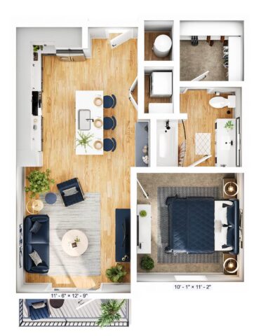 Floor plan of a modern one-bedroom apartment with kitchen, island and dining area, living room, bathroom, walk-in closet, bedroom, and small balcony. Light wood flooring and minimalistic furnishings throughout.