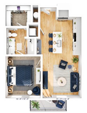 A 3D floor plan of a modern one-bedroom apartment with a kitchen, dining area, living room, bedroom, bathroom, walk-in closet, laundry nook, and a balcony. Light wood floors and contemporary furnishings throughout.