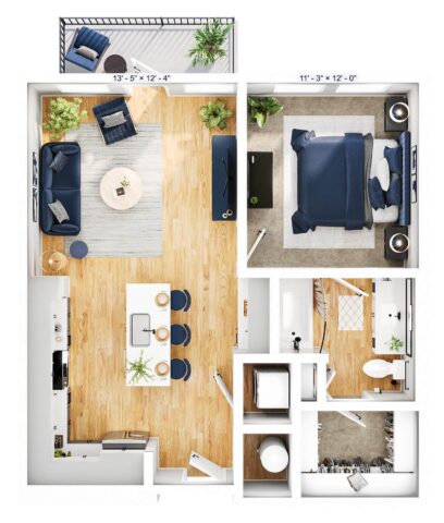 Modern one-bedroom apartment floor plan featuring an open kitchen and living area, a bedroom, bathroom, walk-in closet, laundry space, and a small balcony with plants and seating. Neutral decor with blue and wood accents throughout.