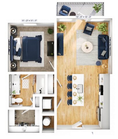 A 3D floor plan of a modern one-bedroom apartment with an open kitchen, living room, balcony, bathroom, closet, and laundry area. Furniture is arranged neatly in each space.