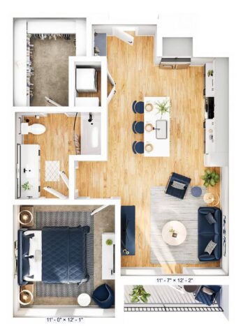 A one-bedroom apartment floor plan with a kitchen, dining area, living room, bathroom, walk-in closet, and a bedroom with two nightstands. Light wood flooring and modern furniture are shown throughout.