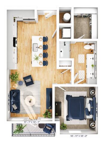Floor plan of a modern one-bedroom apartment with a kitchen, dining area, living room, bathroom, bedroom, and balcony. Furniture includes a bed, sofa, chairs, table, and kitchen island with barstools.