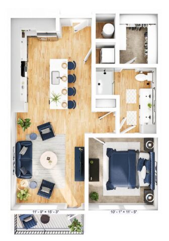 Floor plan with one bedroom, one bathroom, open kitchen with island and dining area, living room with blue furniture, small laundry area, and a balcony. Light wood floors throughout main areas and carpet in the bedroom.