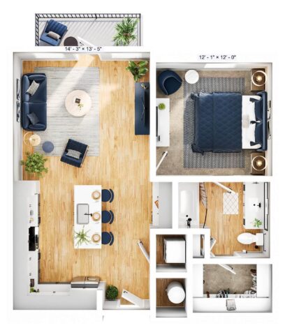 A modern one-bedroom apartment floor plan with open living, kitchen, and dining area, a bedroom, bathroom, closet, laundry, and a small balcony with plants and seating. Light wood floors and blue accents throughout.