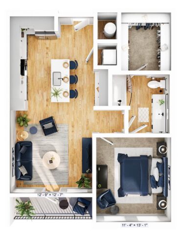 A modern apartment floor plan with an open kitchen, dining island, living area, bedroom, bathroom, closet, and a balcony. Light wood floors in main areas, carpet in bedroom, and neutral decor throughout.