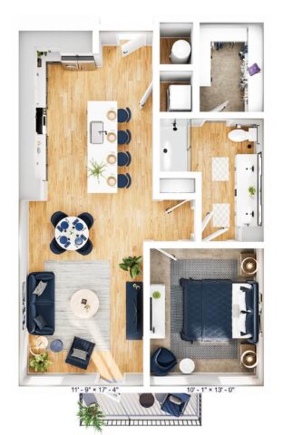 A 3D floor plan of a one-bedroom apartment with a kitchen, dining area, living room, bathroom, walk-in closet, and balcony. The layout features wood floors and modern furnishings.