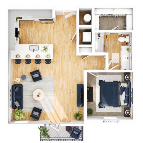 Top-down view of a modern one-bedroom apartment with open kitchen, living area, dining bar, bedroom, bathroom, closet, and balcony. Light wood floors and blue accents are present throughout the space.
