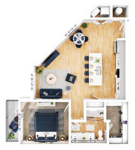 A modern one-bedroom apartment floor plan with a kitchen, dining area, living room, bathroom, closet, and balcony. The space features wood floors, white walls, and simple contemporary furnishings.