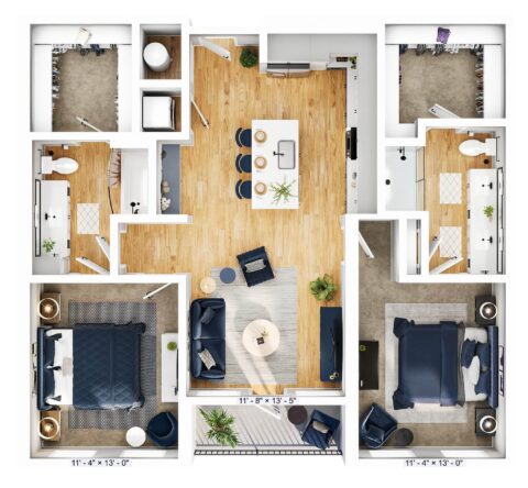 A 3D-rendered floor plan with two bedrooms, two bathrooms, a kitchen with island, a dining area, living room, laundry, and a balcony. Neutral colors and hardwood floors are featured throughout the main living spaces.