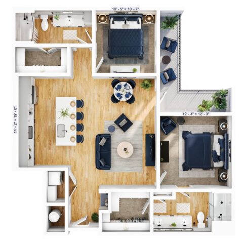 3D floor plan of a two-bedroom apartment with wood flooring, open kitchen, dining area, living room, two bathrooms, balcony, and closets, all decorated in blue, white, and neutral tones.