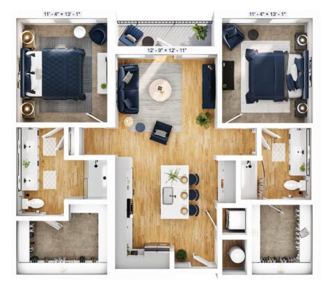 Top-down view of a modern 2-bedroom, 2-bath apartment with open kitchen, dining, and living area, wood floors, two carpeted bedrooms, two bathrooms, and a small balcony.