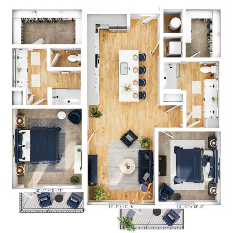 3-bedroom, 2-bath apartment floor plan with open kitchen and living area, laundry room, closets, and two balconies. Bedrooms are located on opposite sides of the living space. Light wood flooring and modern furnishings.