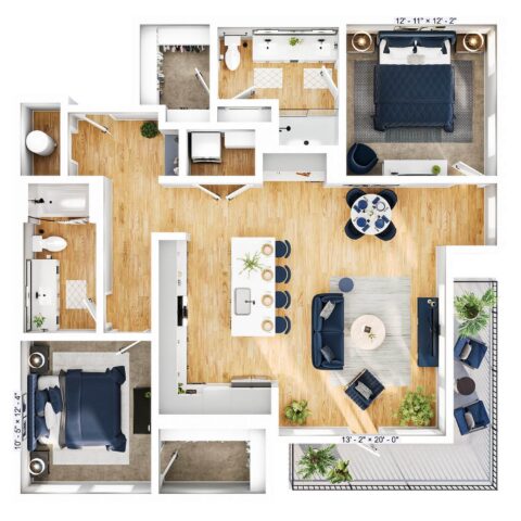 A 3D floor plan showing two bedrooms, two bathrooms, a kitchen, dining area, living room, laundry, two closets, and two balconies, with wooden floors and blue-accented furniture.
