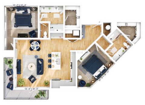 Floor plan of a modern two-bedroom apartment with two bathrooms, an open living and dining area, kitchen, laundry room, and two balconies with greenery. Rooms feature wood flooring and modern furnishings.