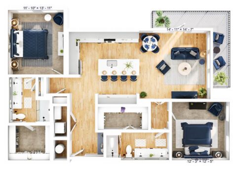 Floor plan showing two bedrooms, two bathrooms, a kitchen with an island, a dining area, a living room, a small office, and a balcony. Furniture and decor are visible in each room. Light wood flooring throughout.