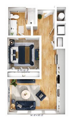 A small apartment floor plan with a bedroom, bathroom, and open living area featuring a sofa, armchair, round table, kitchen, and wood floors. Measurements are shown for the bedroom and overall layout.