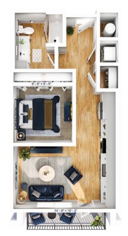 A top-down view of a modern apartment layout with a living room, kitchen, bathroom, bedroom, and balcony. The rooms feature wood flooring, modern furniture, and minimal decor.