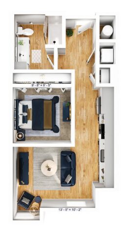 3D floor plan of a small apartment with a living area, bedroom, kitchen, bathroom, and wood floors throughout. Furniture includes a sofa, bed, chairs, coffee table, and TV. Room dimensions are labeled at the bottom.